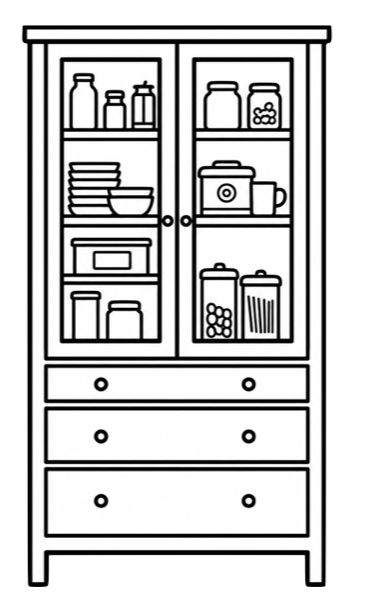 Black and white line drawing of a wooden kitchen cabinet with glass doors, containing jars, bottles, dishes, and containers, with three drawers below.