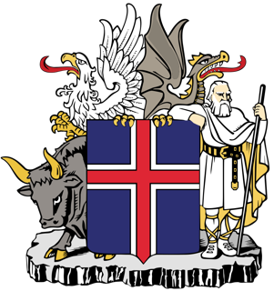 Icelandic coat of arms featuring a white eagle with a crown, a black eagle with a crown, a brown bull, and a man in traditional attire holding a staff, all above a shield with a red and white cross. Ministry for Foreign Affairs