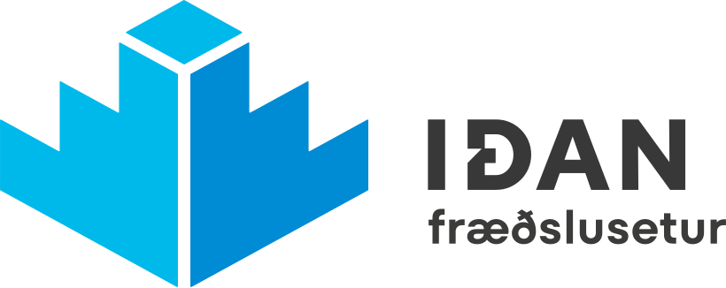 Logo with a stylized blue cube and the text 'IDAN' followed by 'freðslusetur'.