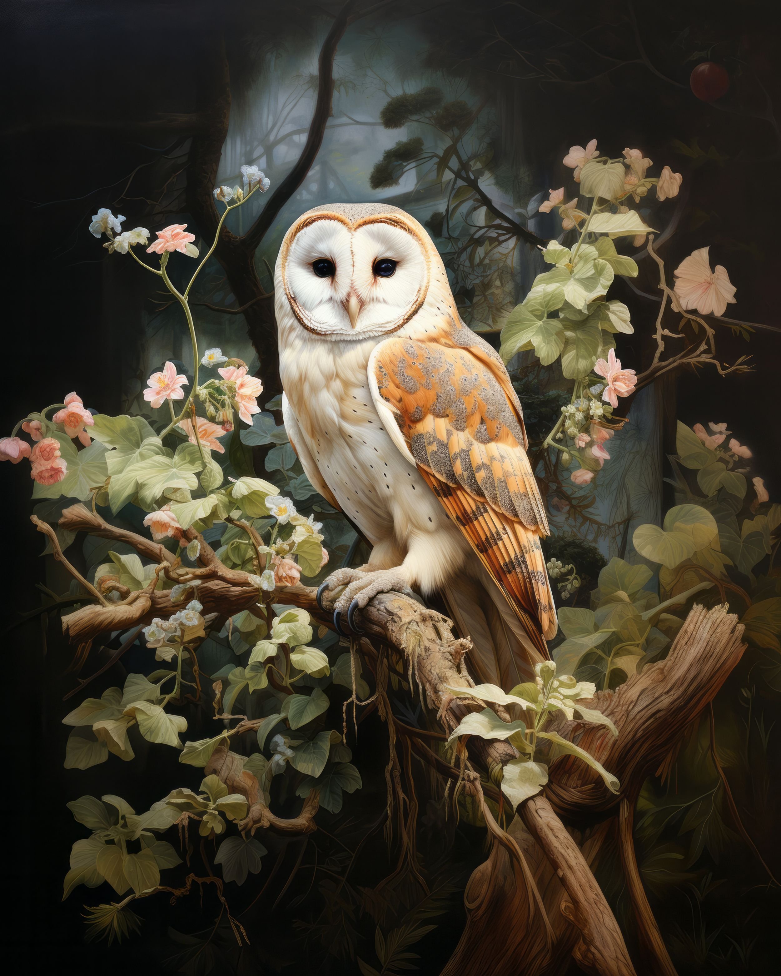 An owl perched on a branch surrounded by flowering plants and foliage in a forest setting.