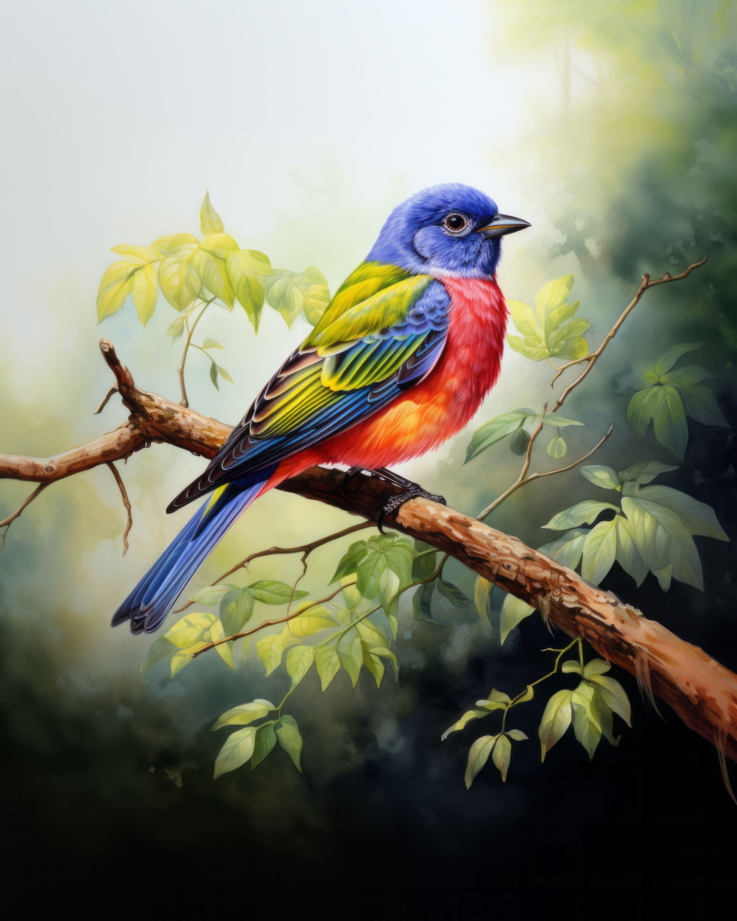 Colorful bird with blue head, green wings, red chest, and blue and black tail perched on a tree branch among green leaves.
