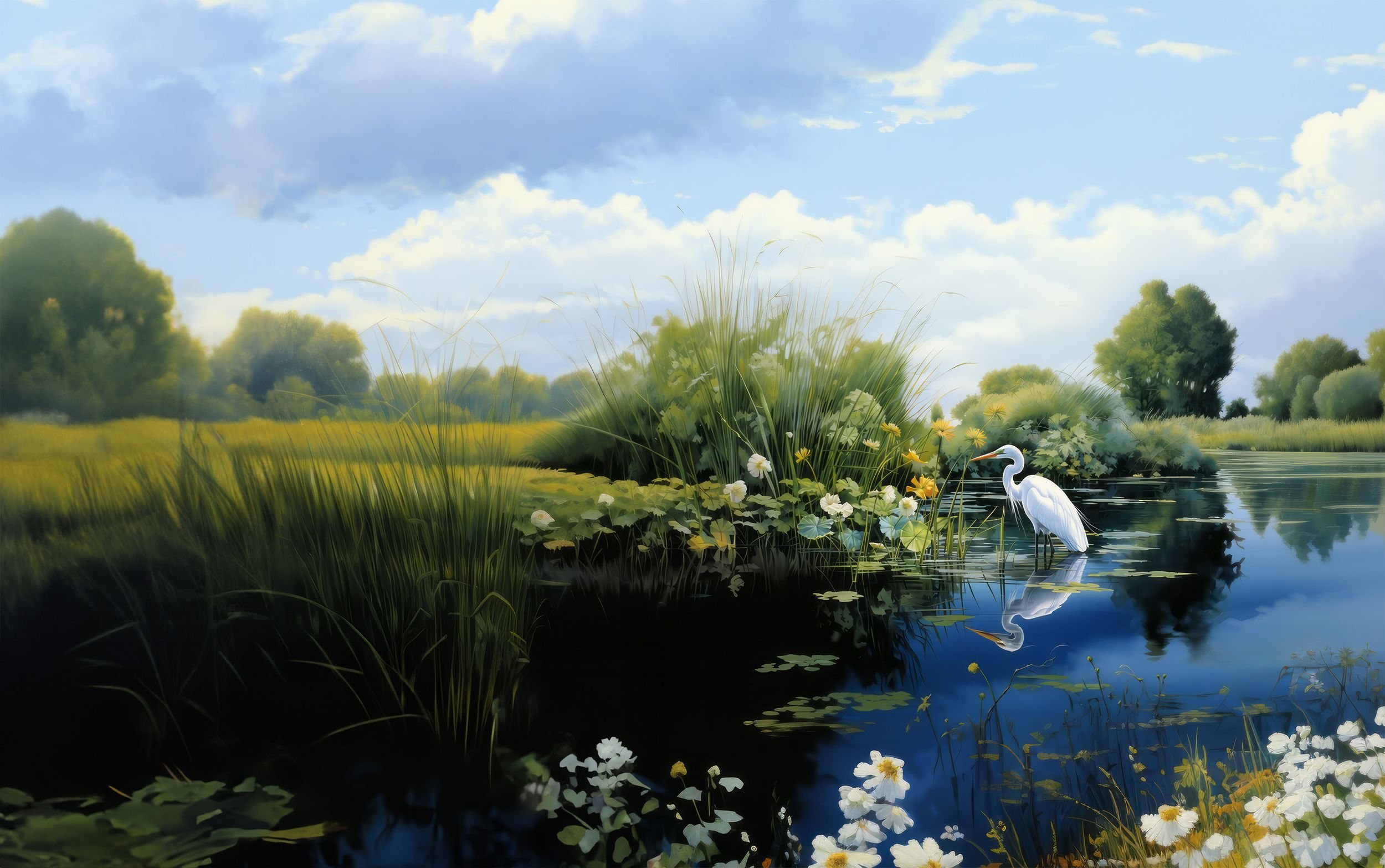 A peaceful scene of a river with lush green vegetation, a white heron standing in the water near trees and flowers, with a partly cloudy sky overhead.