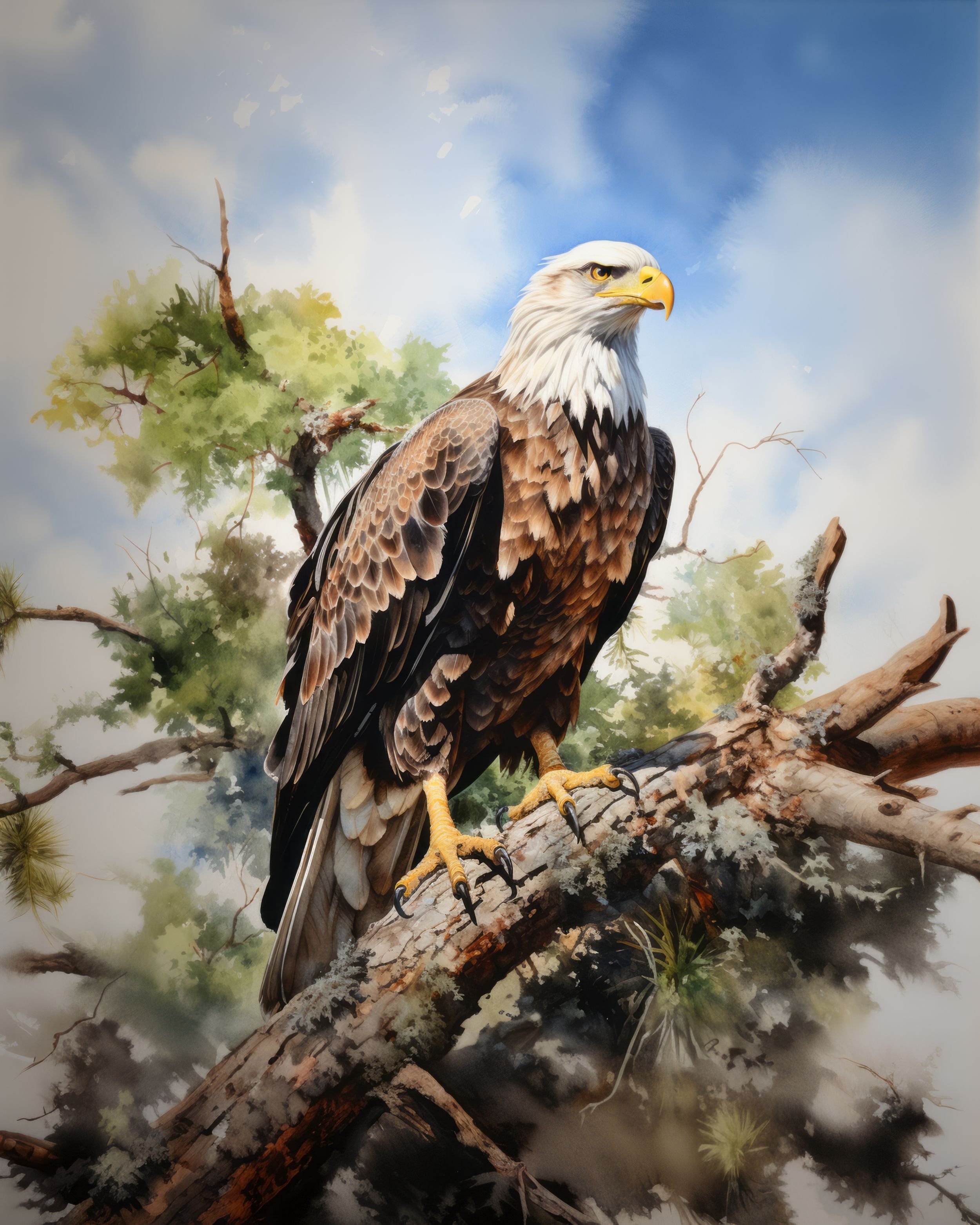 A detailed painting of a bald eagle perched on a tree branch with a blue sky and green foliage in the background.