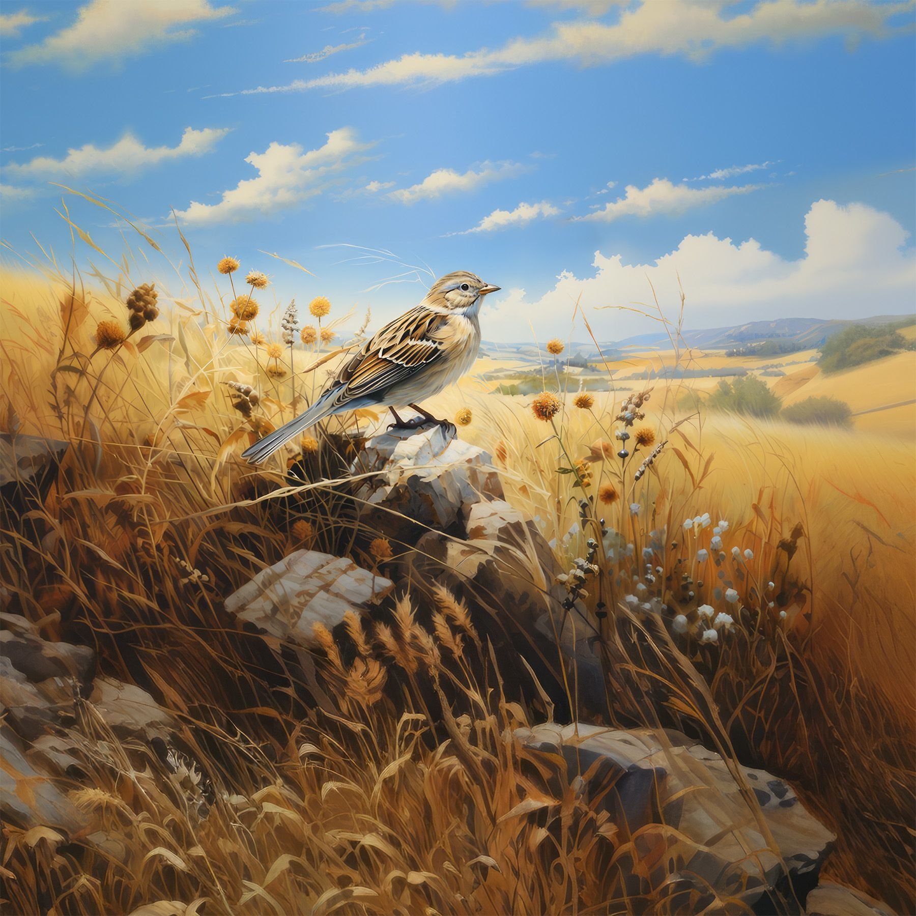 A bird perched on rocks in a golden wheat field with a blue sky and white clouds in the background.