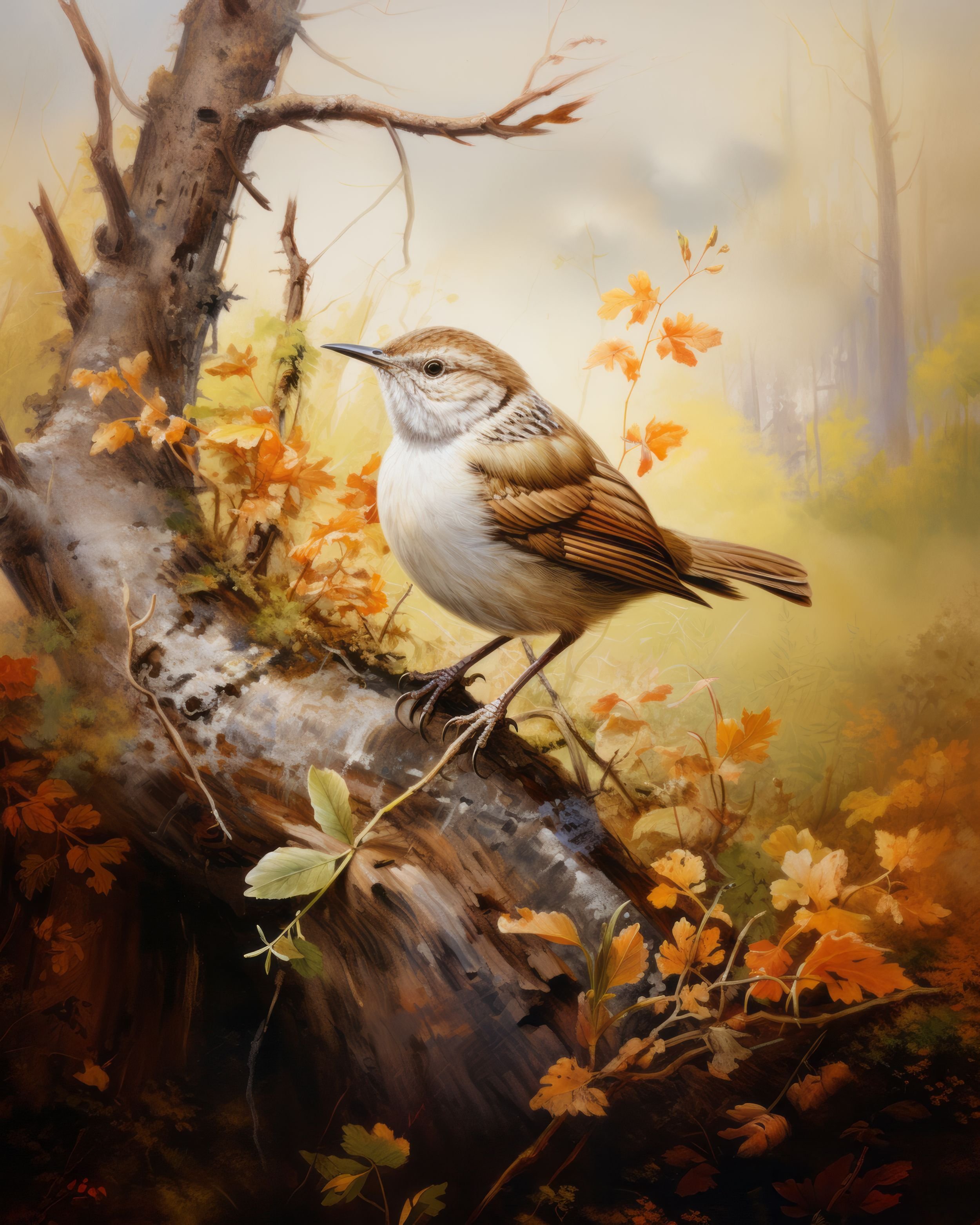 A detailed illustration of a bird perched on a fallen tree branch surrounded by autumn leaves in a forest setting.