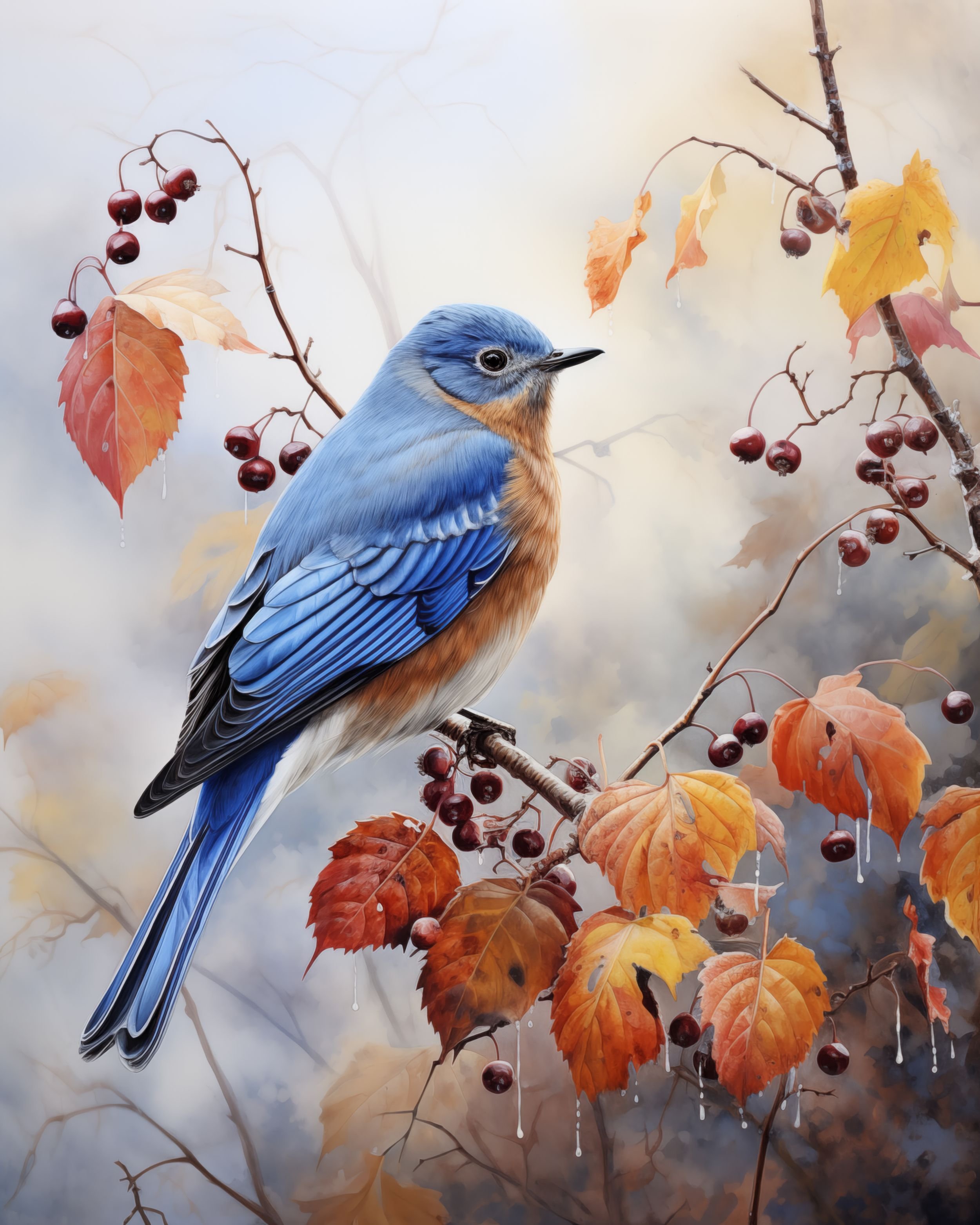 A detailed bluebird with orange and white feathers perched on a branch with red berries and orange autumn leaves, with a soft, blurred background.