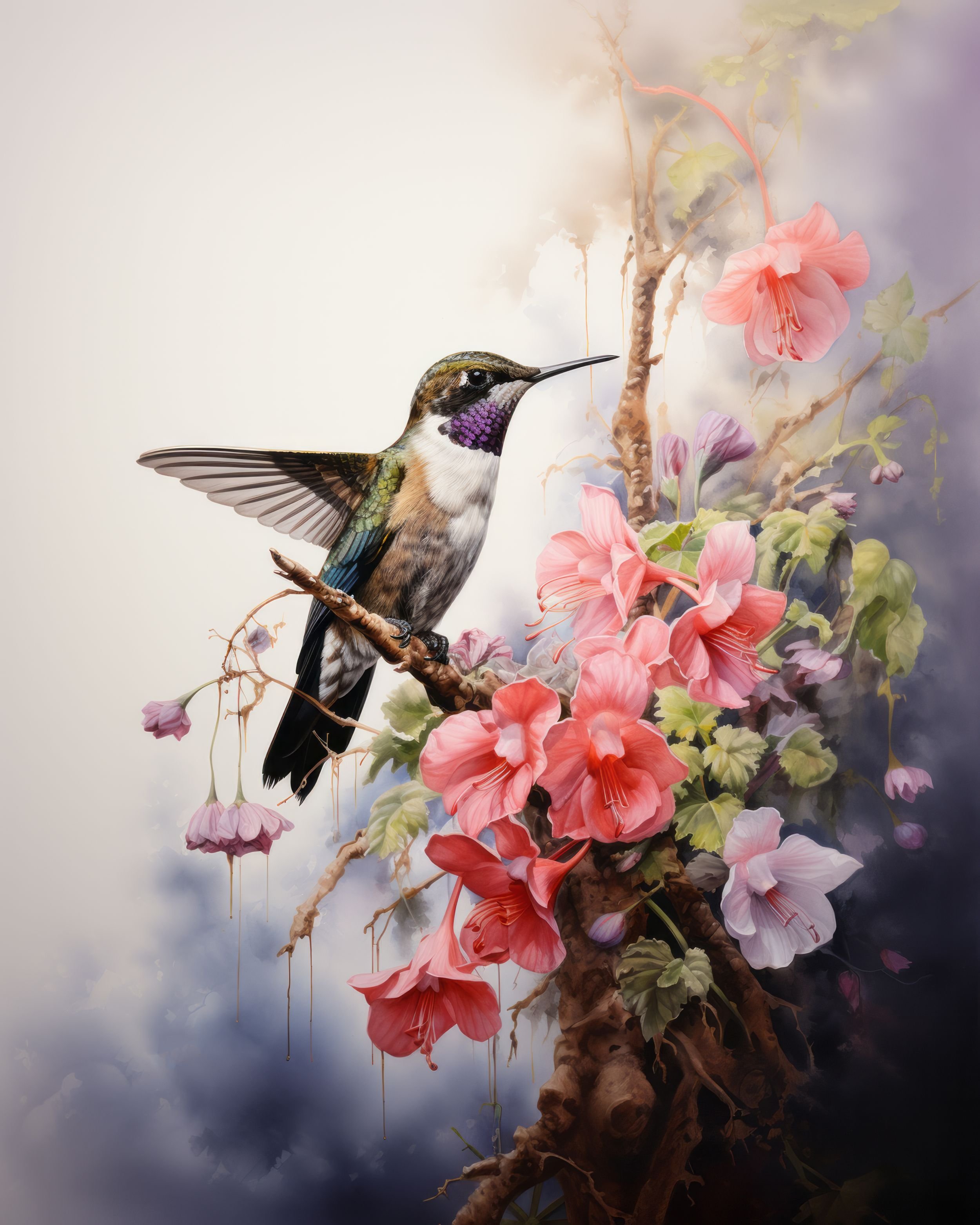 A hummingbird with iridescent green and purple feathers feeding from pink and purple flowers on a flowering branch.