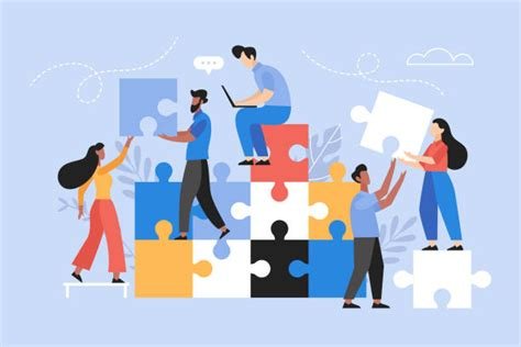 Équipe assemblant les pièces d'un puzzle, illustration du travail collaboratif