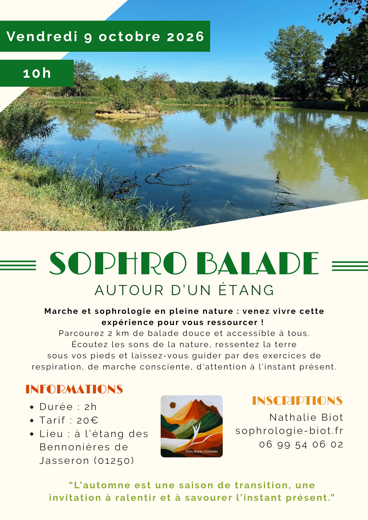 Flyer de présentation des Sophro balade organisée par Nathalie Biot. Informations et tarifs.