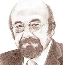 Portrait dessiné d'un homme avec des lunettes, une barbe et une moustache, portant un costume.