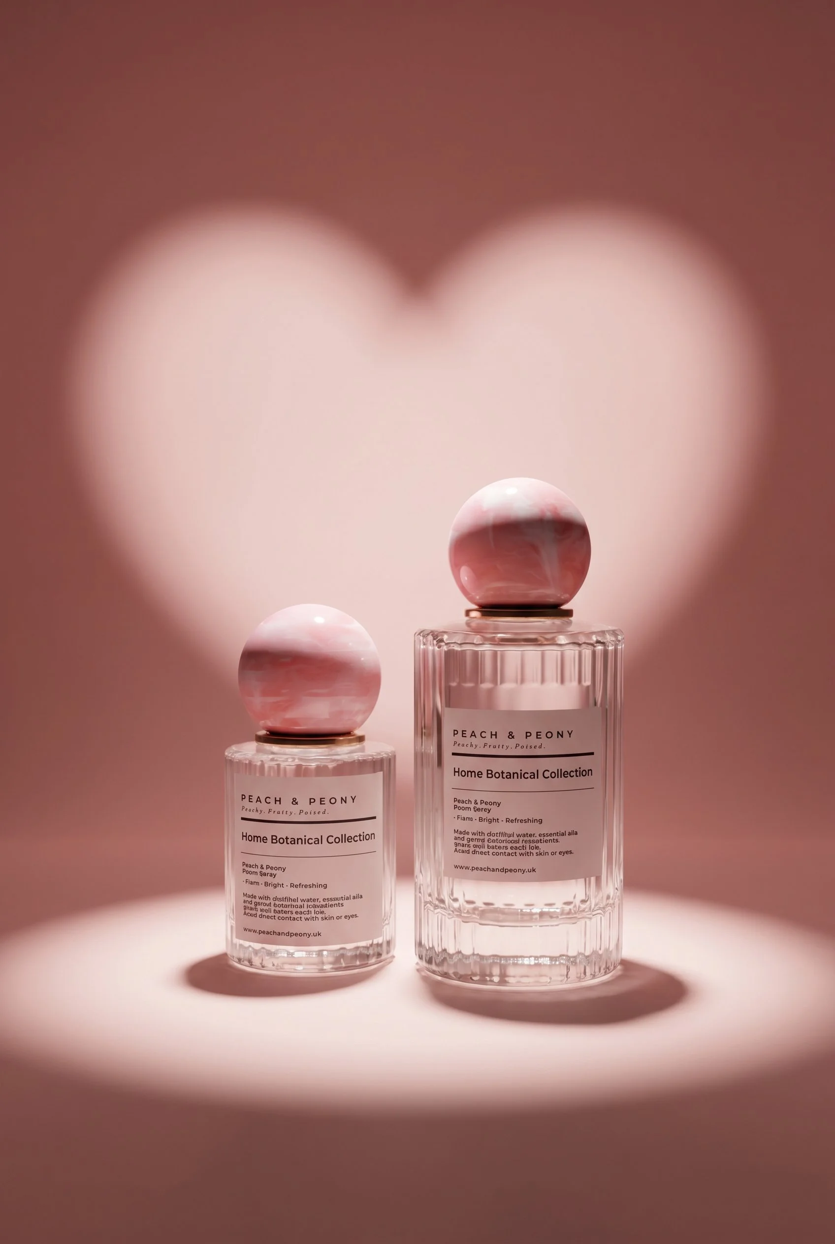 Two bottles of Peach & Peony skincare products from the Home Botanical Collection, with pink marble-like spherical caps, placed on a pink surface against a pink background with soft lighting.