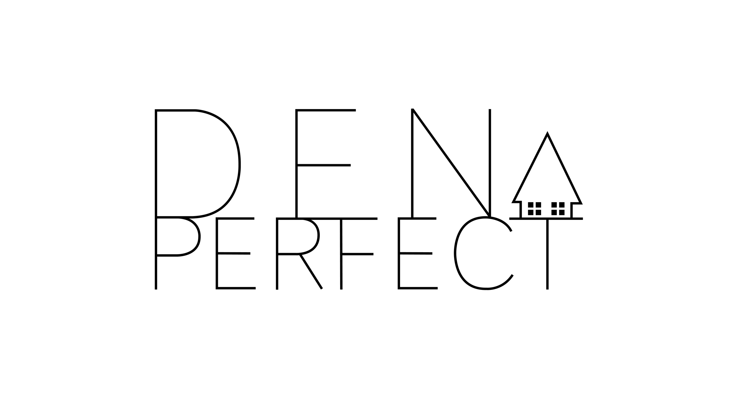 The words "Dream Perfect" in stylized black lines, with a small house and pine tree illustration forming part of the letter "M" in "Dream".