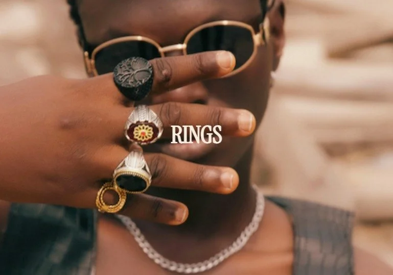 A person wearing sunglasses and multiple rings on their fingers, with their hand partly covering their face, and the word 'RINGS' superimposed on the image.