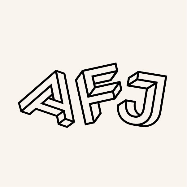Three-dimensional block letters spelling out 'AFJ' in black outline on a light background.