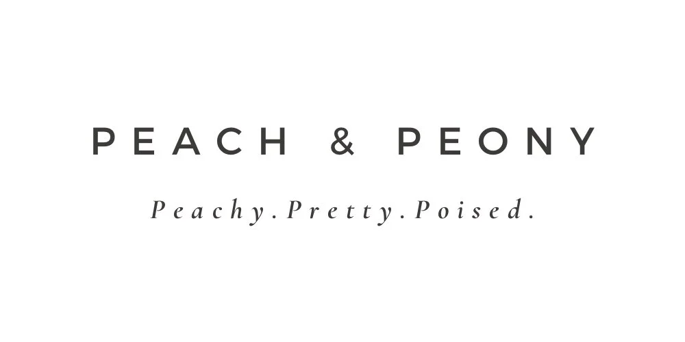 Text reading "PEACH & PEONY" with the tagline "Peachy. Pretty. Poised." on a white background.