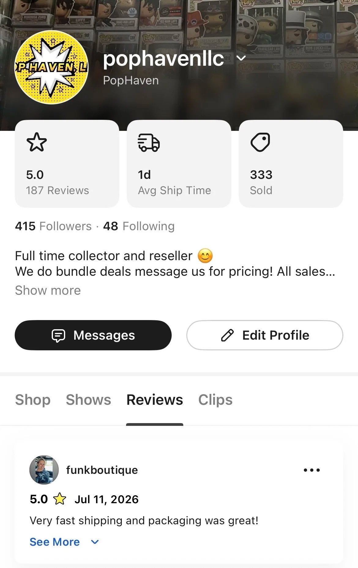 Screenshot of a social media profile for PopHaven, a full-time collector and reseller specializing in Funko Pop! figures. The profile displays a 5-star rating based on 187 reviews, with 333 items sold and an average ship time of 1 day. The profile he