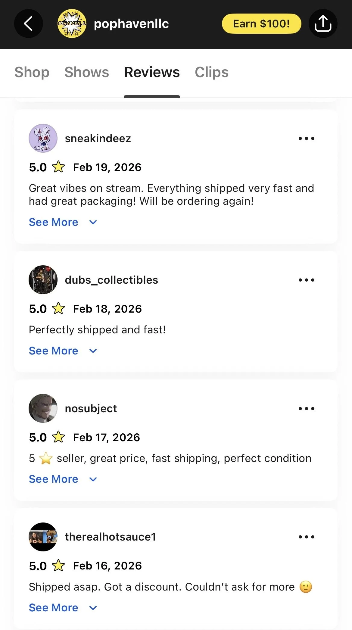 Screenshot of a mobile app showing reviews for a seller on an online marketplace. The reviews praise fast shipping, good packaging, and customer satisfaction, with multiple five-star ratings.