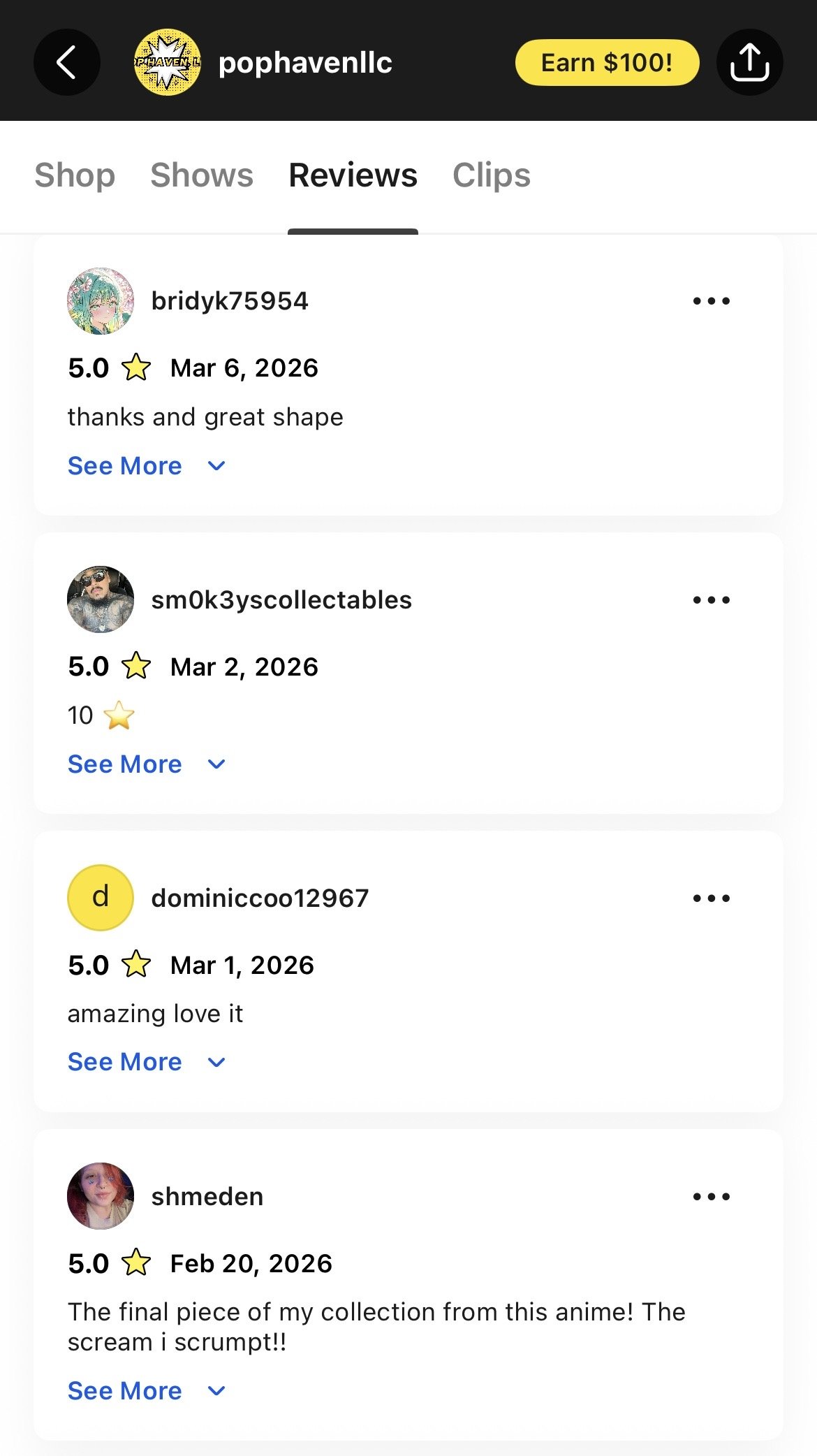 Screenshot of a mobile app review section for a user named pophavenll, with three reviews from users bridyk75954, smOk3yscollectables, and dominicco12967, each giving five stars and positive comments.