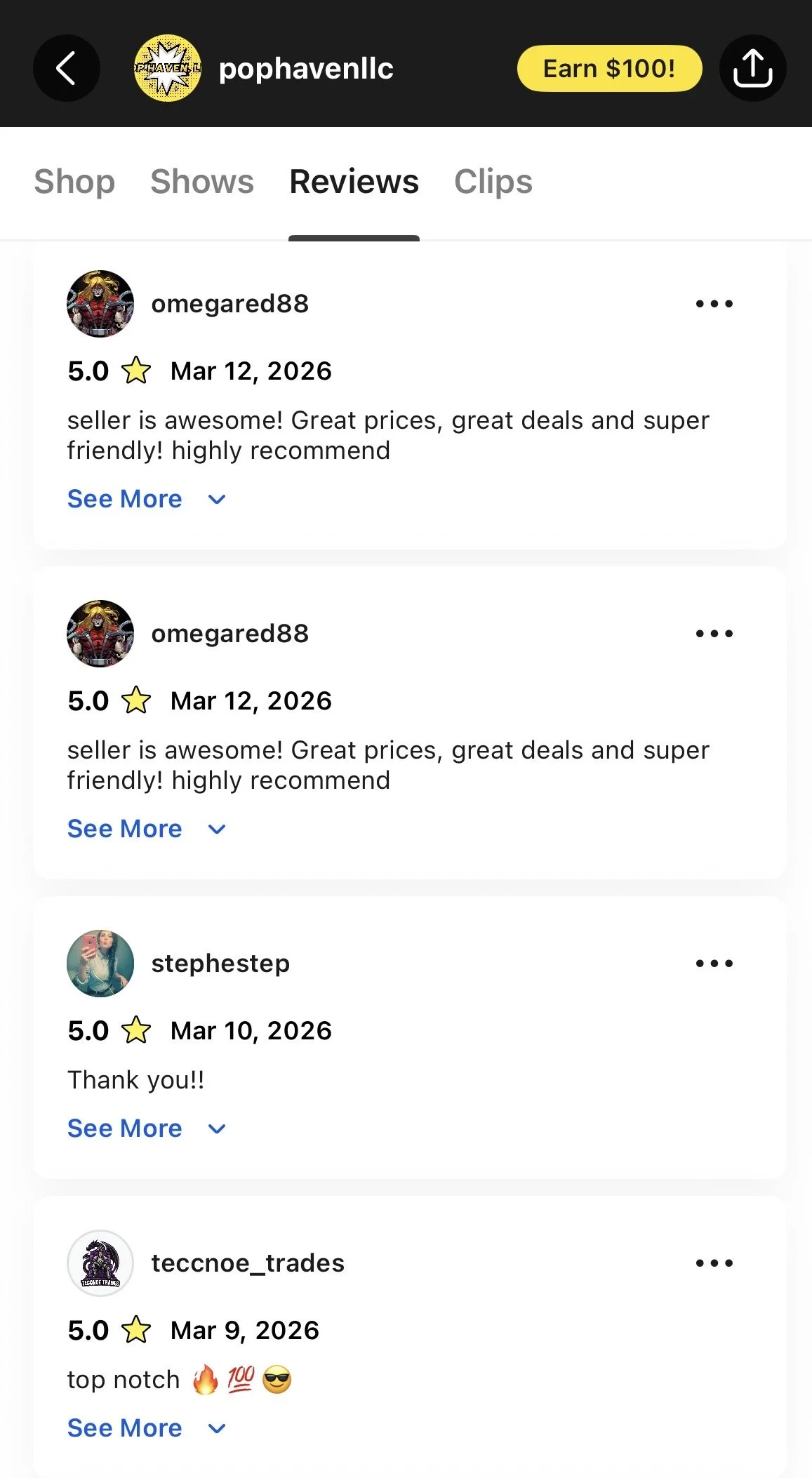 Screen capture of a mobile app review page with five user reviews, showing usernames, five-star ratings, review dates, and comments that praise the seller and products.