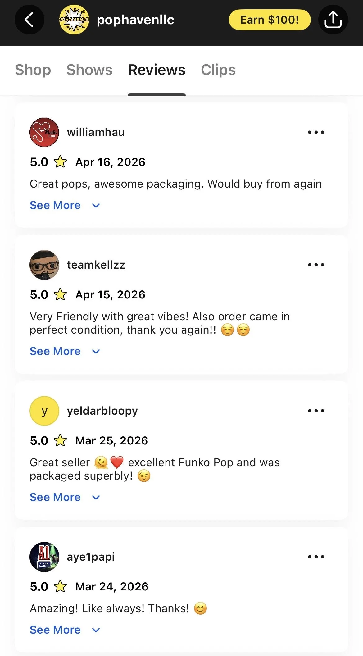 Screenshot of a mobile app showing reviews for various sellers, featuring profile pictures, ratings, dates, and comments.