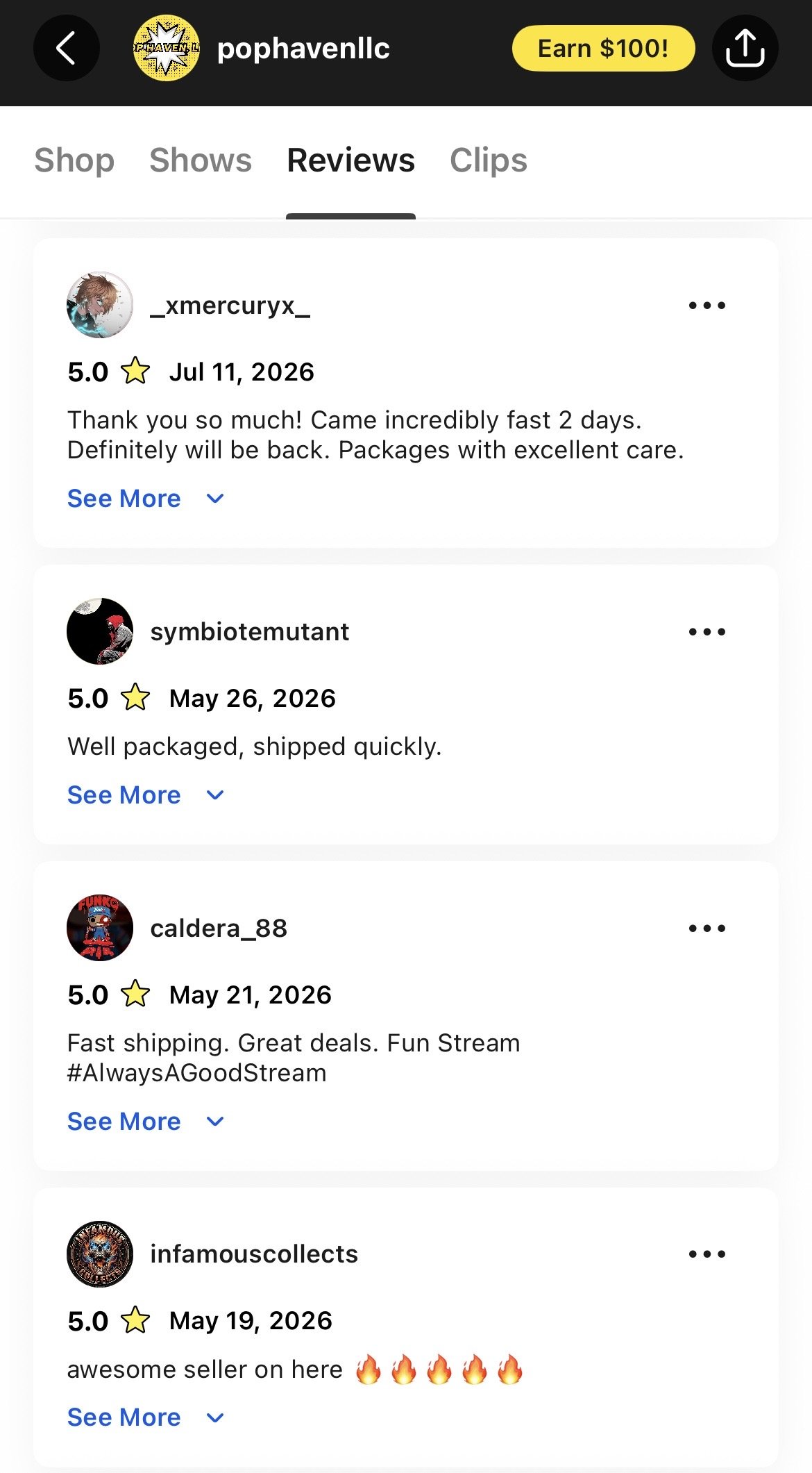 Screenshot of a mobile app review page showing multiple five-star reviews from different users praising their experience with fast shipping, good packaging, and excellent service, with some reviews including emojis like fire.