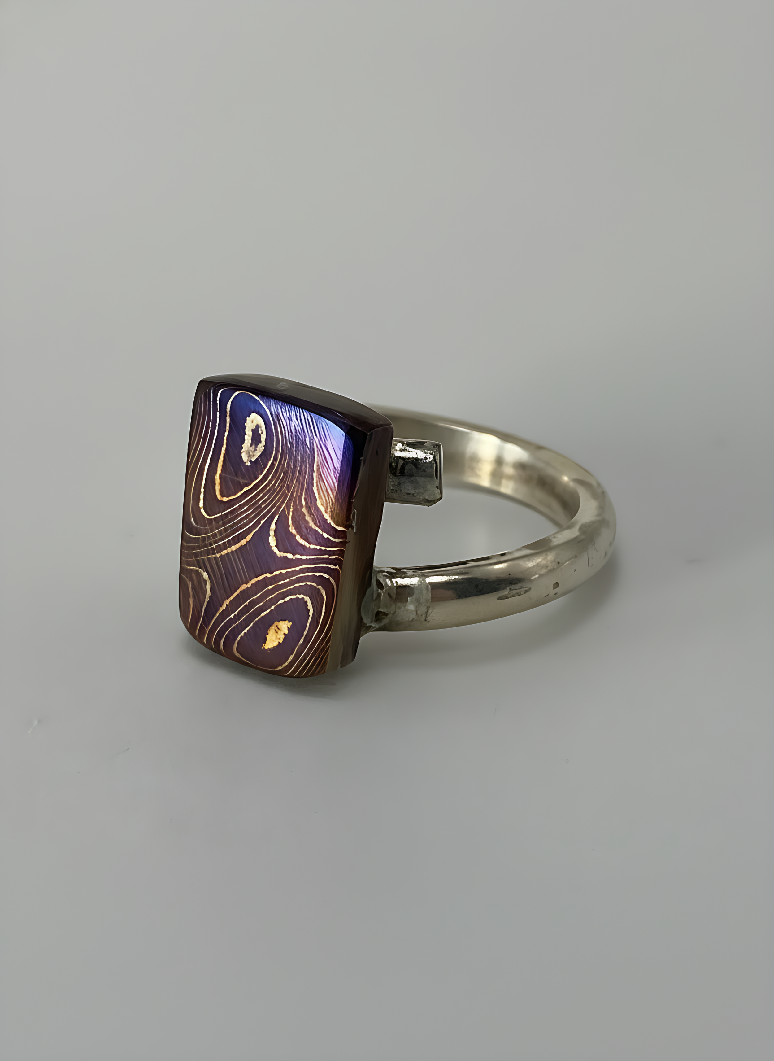 Rectangle BF&T Damascus Steel Ring W/ Argentium Band