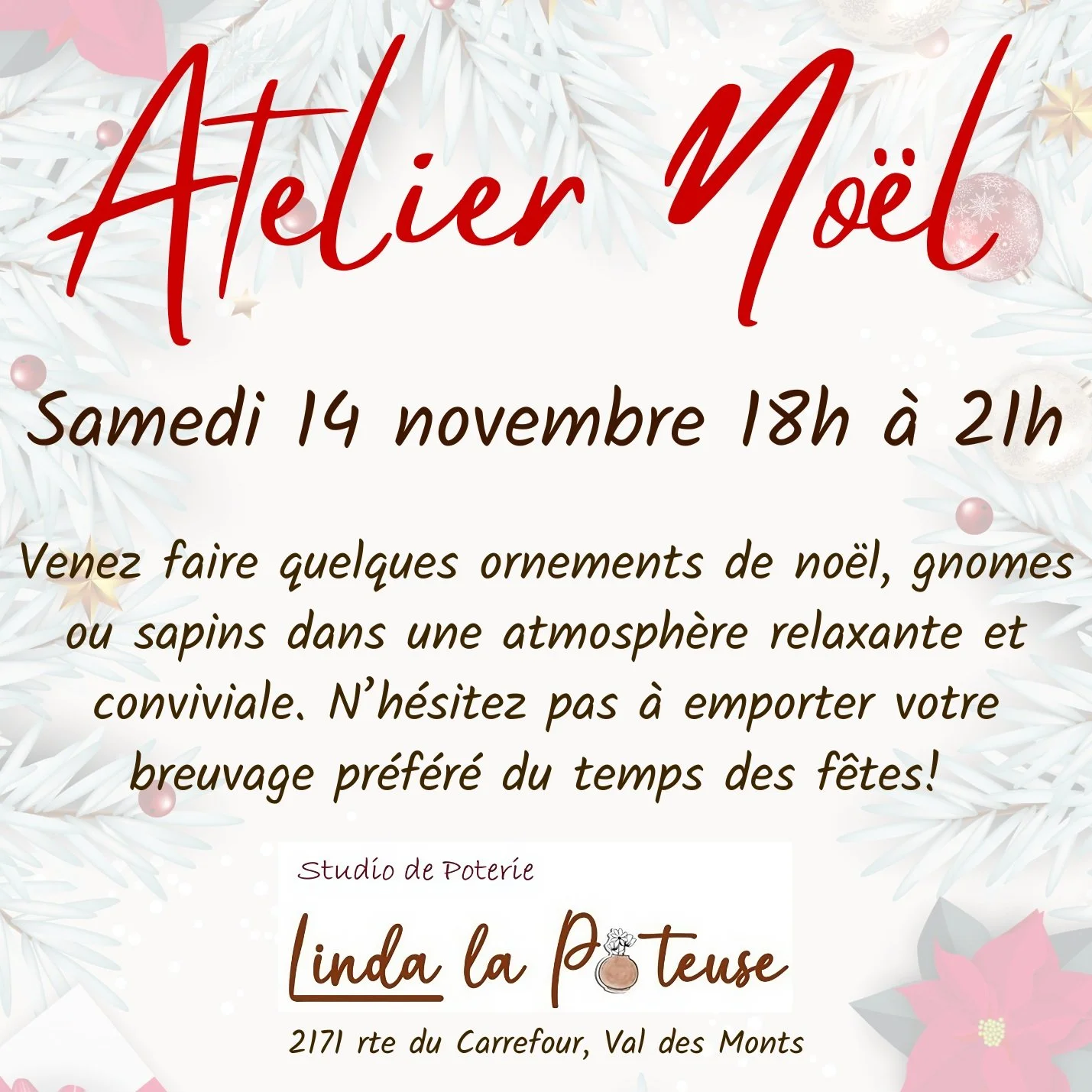 Atelier de No&euml;l au studio!

Venez cr&eacute;er quelque chose de beau, de chaleureux et fait &agrave; la main pour les f&ecirc;tes.

Un moment pour ralentir, s&rsquo;inspirer et laisser la magie de l&rsquo;argile faire son &oelig;uvre.

#poterie 