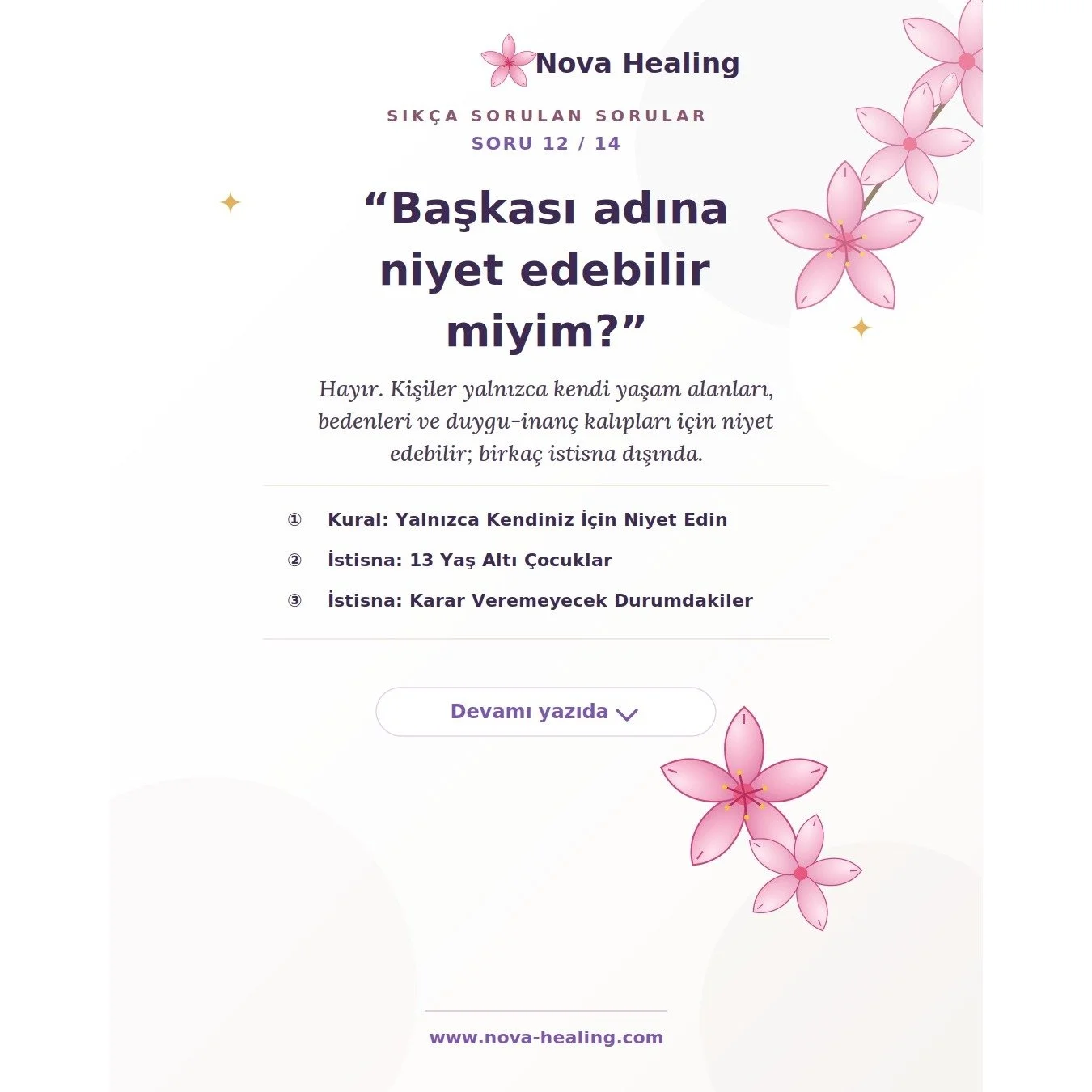 12- Bir başkasının adına &ccedil;alışma yaptırabilir miyim? &Ouml;rneğin annem, kardeşim, arkadaşlarım ya da komşularım i&ccedil;in? Onların yaşadıkları sorunlar beni &uuml;z&uuml;yor. Bu durumlar i&ccedil;in ben niyet edebilir miyim?

Hayır. 🚫

Kiş