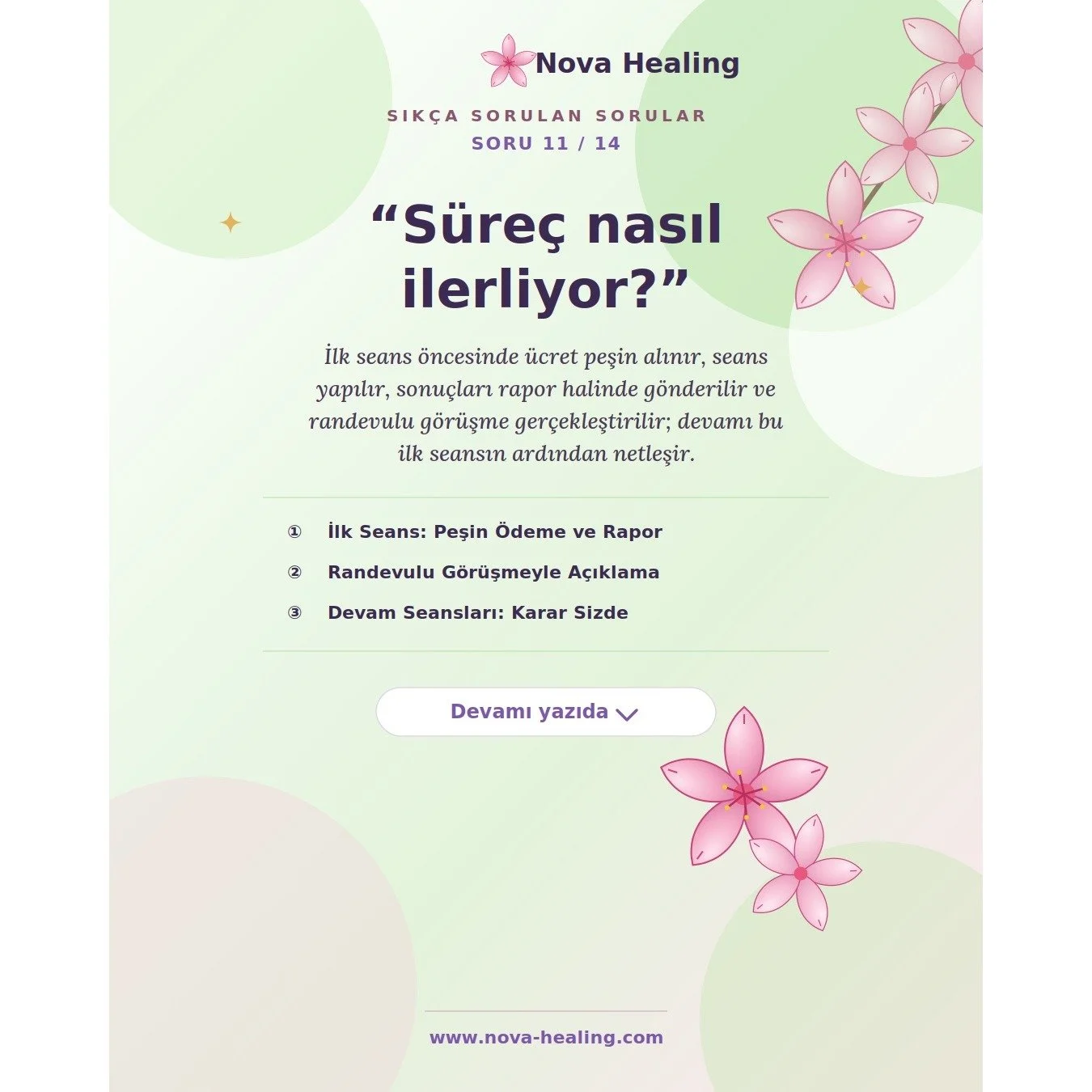 11- Nasıl &ccedil;alışıyorsunuz? S&uuml;re&ccedil; nasıl ilerliyor?

🌿 İlk Seans: İlk seans &ouml;ncesinde &uuml;cret peşin alınır. Seans yapılır ve sonu&ccedil;ları size rapor halinde g&ouml;nderilir. Bu seansın ardından, s&uuml;recin devamında ka&