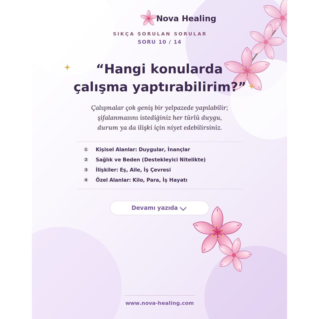 10- Hangi konularda &ccedil;alışma yaptırabilirim?

&Ccedil;alışmalar &ccedil;ok geniş bir yelpazede yapılabilir. Genel olarak:

🧠 Kişisel Alanlar: Duygularınız, d&uuml;ş&uuml;nceleriniz, korkularınız, inan&ccedil;larınız.
🌿 Sağlık ve Beden: Belirl
