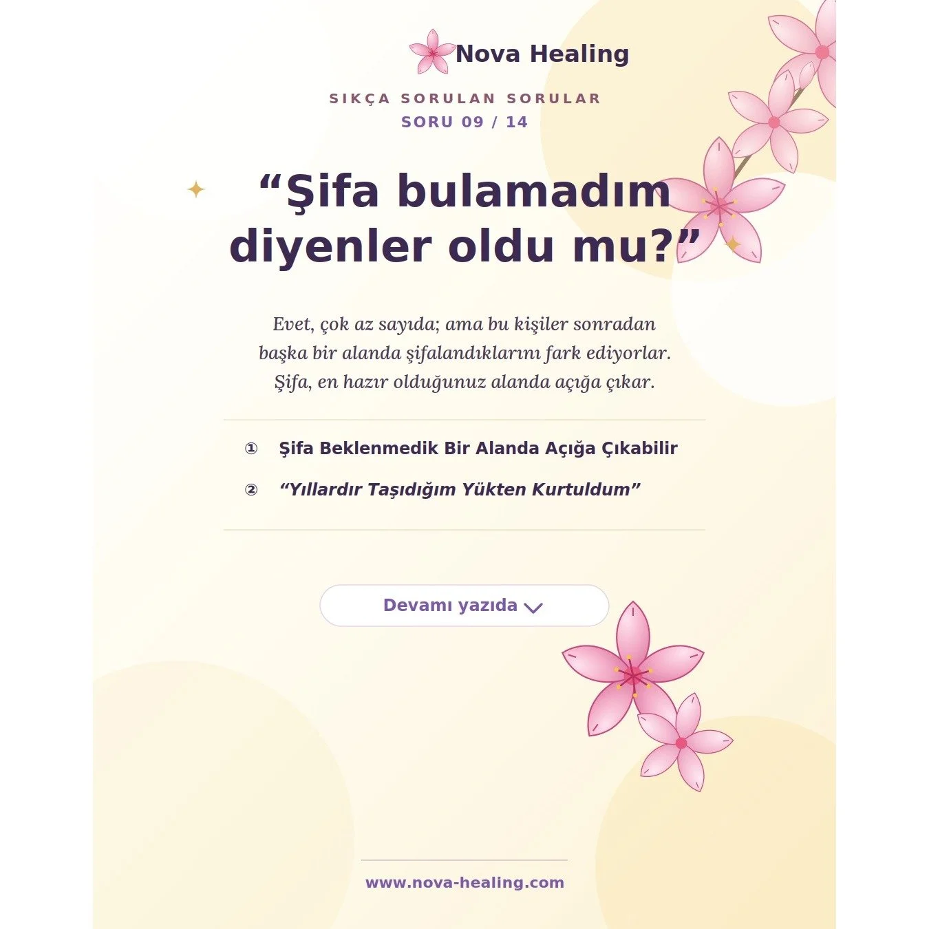 9- &Ccedil;alışmayı yaptırdım ama şifa bulamadım diyenler oldu mu?

Evet, &ccedil;ok az sayıda da olsa b&ouml;yle geri bildirimler aldığım oldu. İlgili niyete dair şifalanma olmadığını d&uuml;ş&uuml;nenlerin neredeyse tamamı, daha sonra başka alanlar