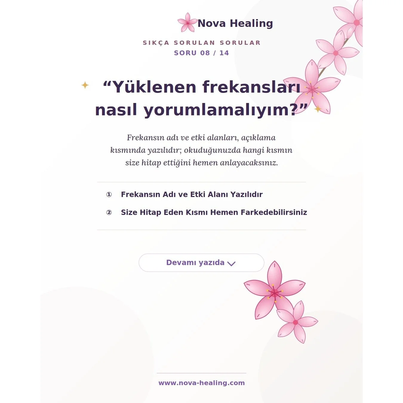 8- Y&uuml;klenen frekansları nasıl yorumlamalıyım, bundan ne anlam &ccedil;ıkarmalıyım?

Y&uuml;klenen şifa frekansının adı ve etki alanları frekansın a&ccedil;ıklaması kısmında yazılır. ✨

Bunları okuduğunuzda, a&ccedil;ıklamada yer alan hangi b&oum