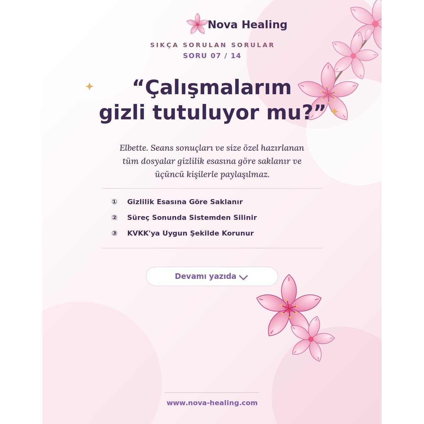 7- Bana &ouml;zel olarak yaptığınız bu &ccedil;alışmayı/&ccedil;alışmaları gizli tutuyor musunuz?

Elbette. 

Seans sonu&ccedil;ları ve size &ouml;zel hazırlanan t&uuml;m dosyalar gizlilik esasına g&ouml;re saklanır. Size ait seanslar bitip Toplam De