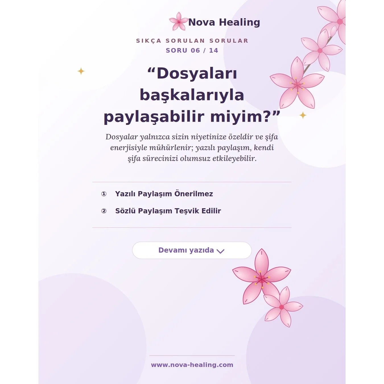 6- Yazılı olarak bana iletilen bu dosyaları başkalarıyla paylaşabilir miyim? Paylaşırsam ne olur?

Size g&ouml;nderilen dosyalar, yalnızca sizin niyetinize &ouml;zel olarak hazırlanır ve şifa enerjisiyle m&uuml;h&uuml;rlenir. Bu nedenle, dosyaları ya