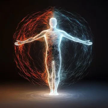Digital art of a human figure with a glowing body, arms outstretched, surrounded by red and blue energy or electrical currents.