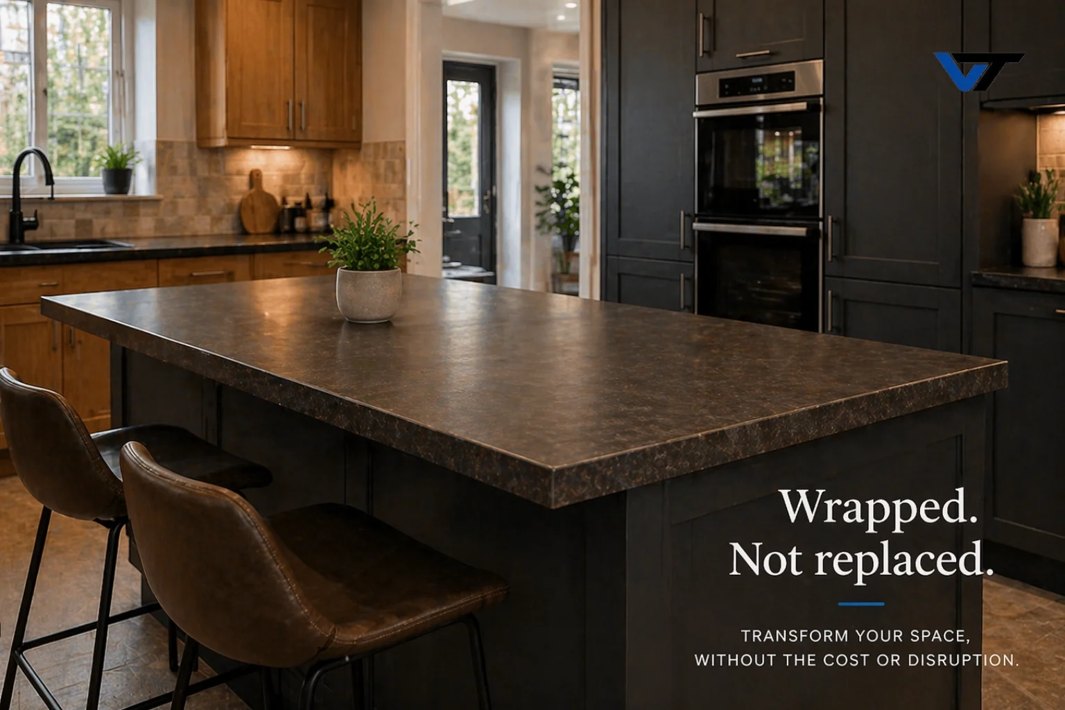 Modern kitchen with dark and natural wood cabinetry, a large kitchen island with a dark granite countertop, black and brown bar stools, and potted plants, with natural light coming through windows.