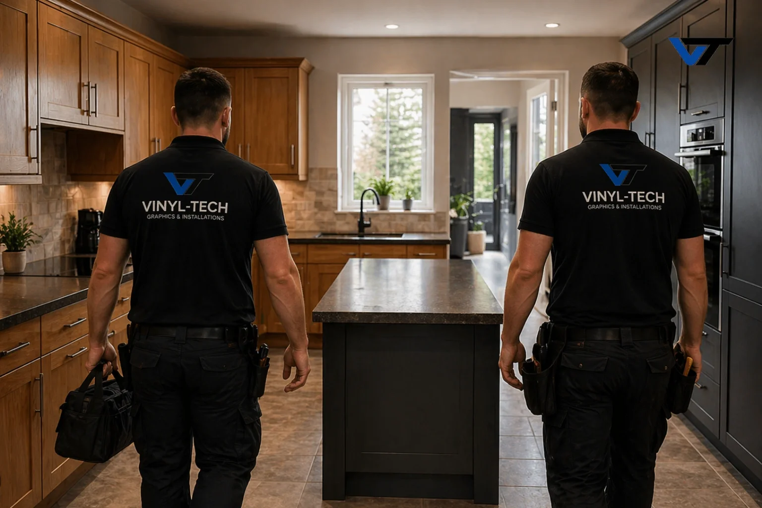 Two vinyl-tech workers in black uniforms walking in a modern kitchen.