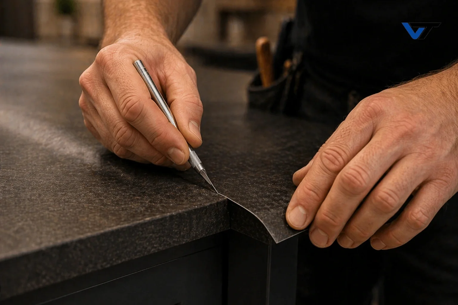 A person using a precision craft knife to cut a black sheet of material on a workbench.