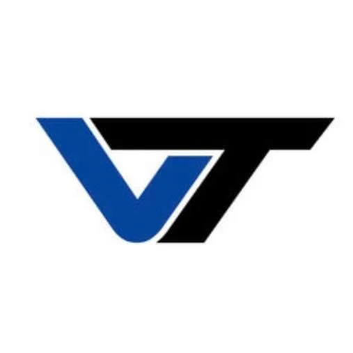 A stylized logo with a blue letter 'V' and a black letter 'T' combined into a single design.