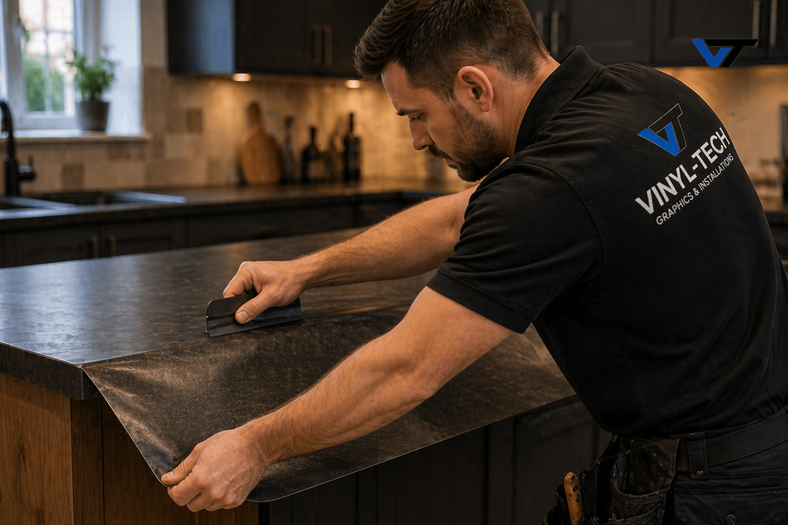 A man applying a vinyl graphic film to a kitchen countertop, wearing a black shirt with the logo 'VINYL-TECH GRAPHICS & INSTALLATIONS' on the back.