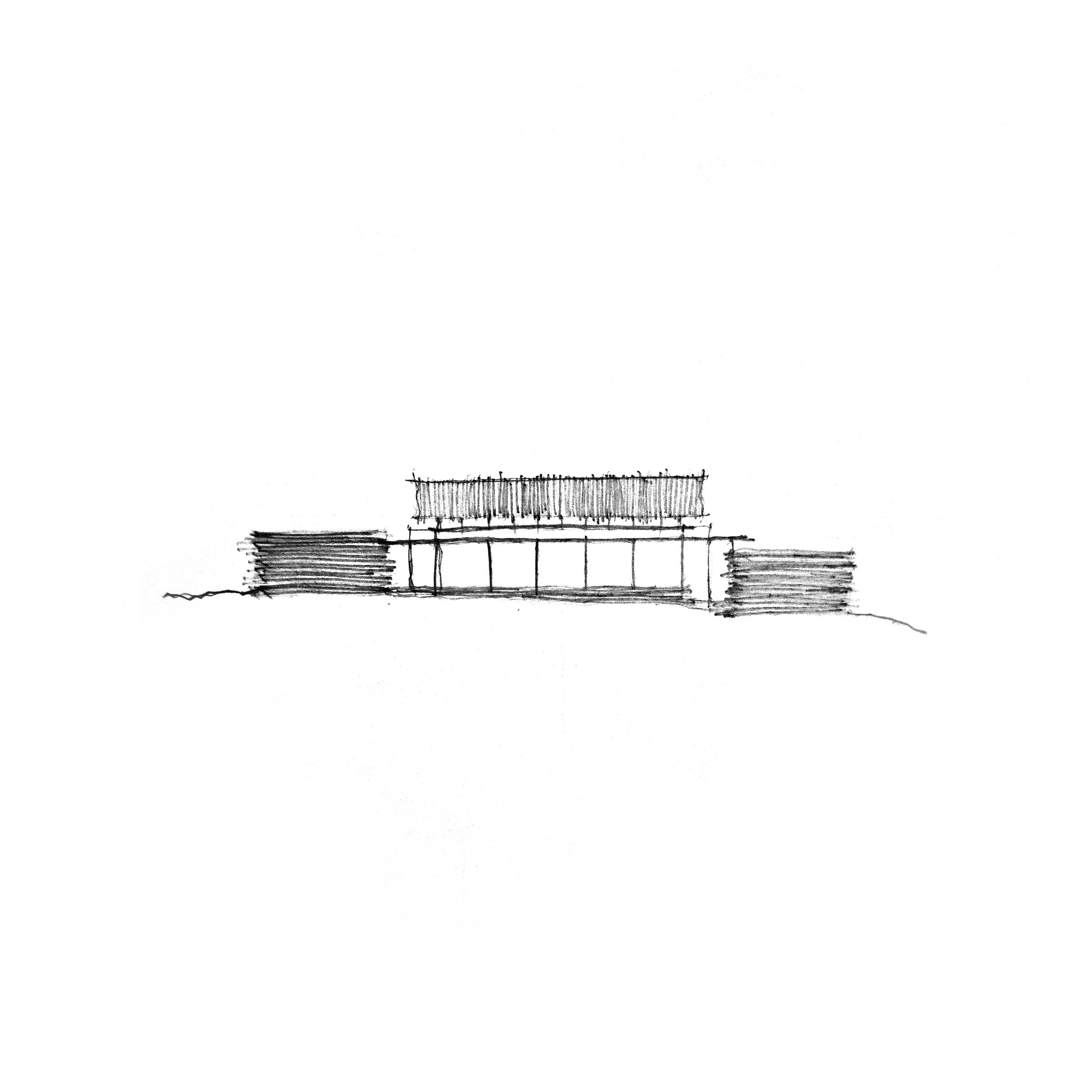 a hand-drawn architectural sketch of a building with a flat roof and columns, possibly an entrance or facade