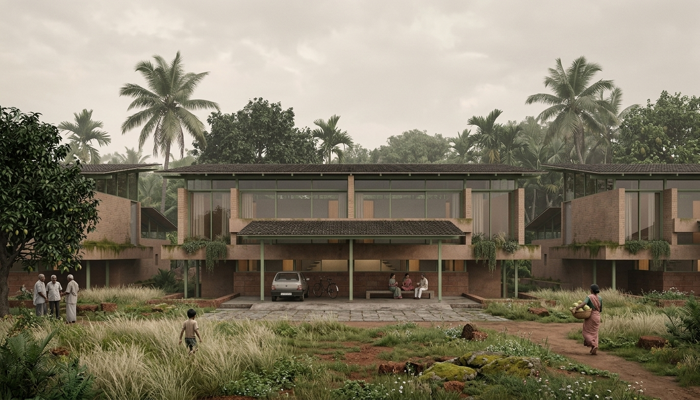 Modern multi-story building with large glass windows, surrounded by lush greenery and tall palm trees. People are sitting on benches and walking on the grass in the foreground.