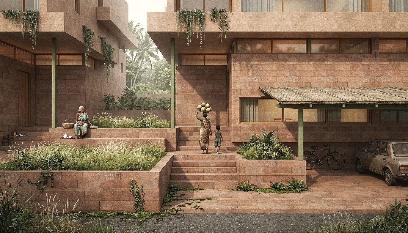 A woman carrying a basket of round objects with a young girl on a staircase outside a modern building surrounded by greenery, parked cars, and bicycles.