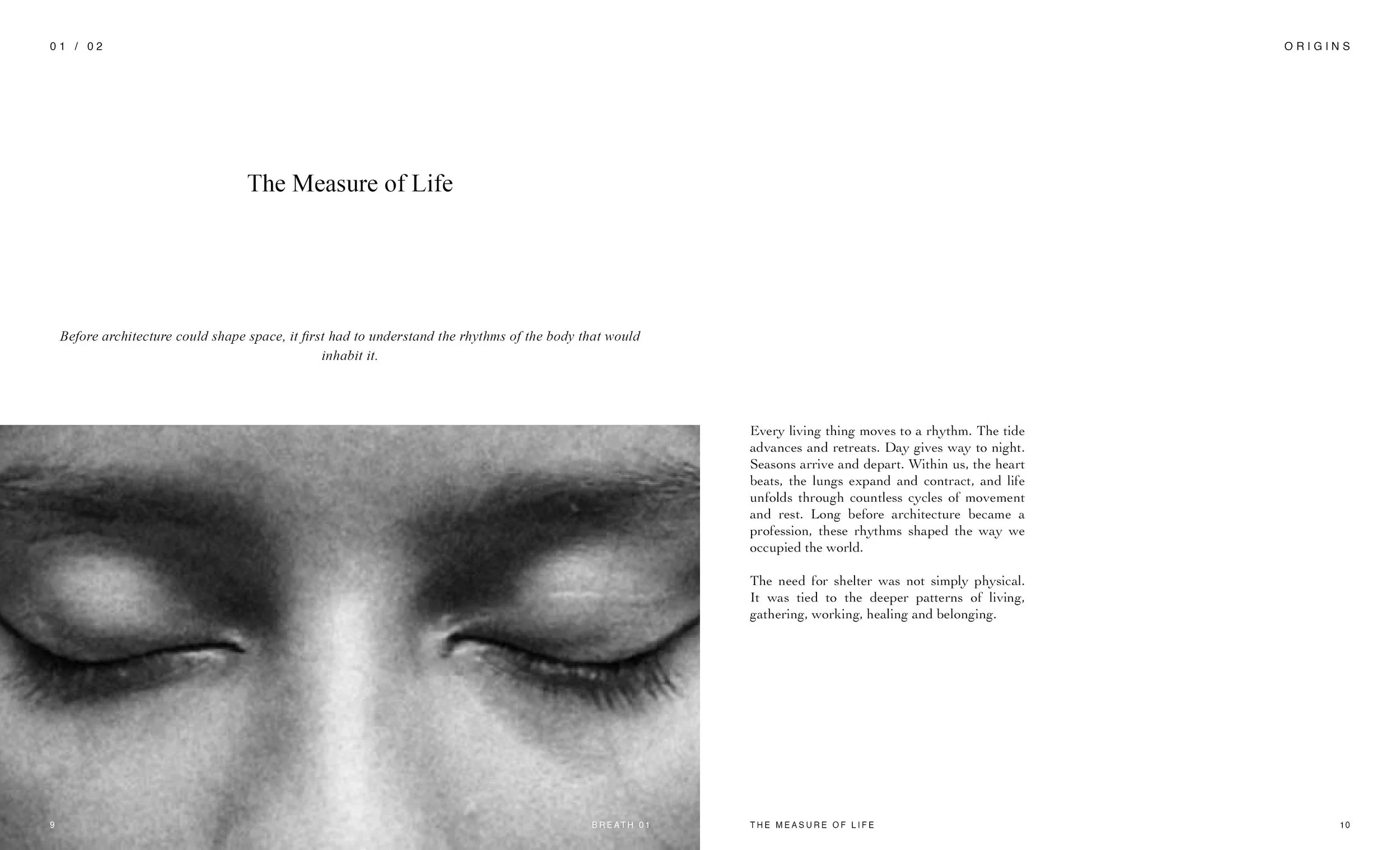 Two pages of a book titled 'The Measure of Life' with a black and white photograph of a person's closed eyes, and text discussing rhythms of the body, seasons, and architecture.