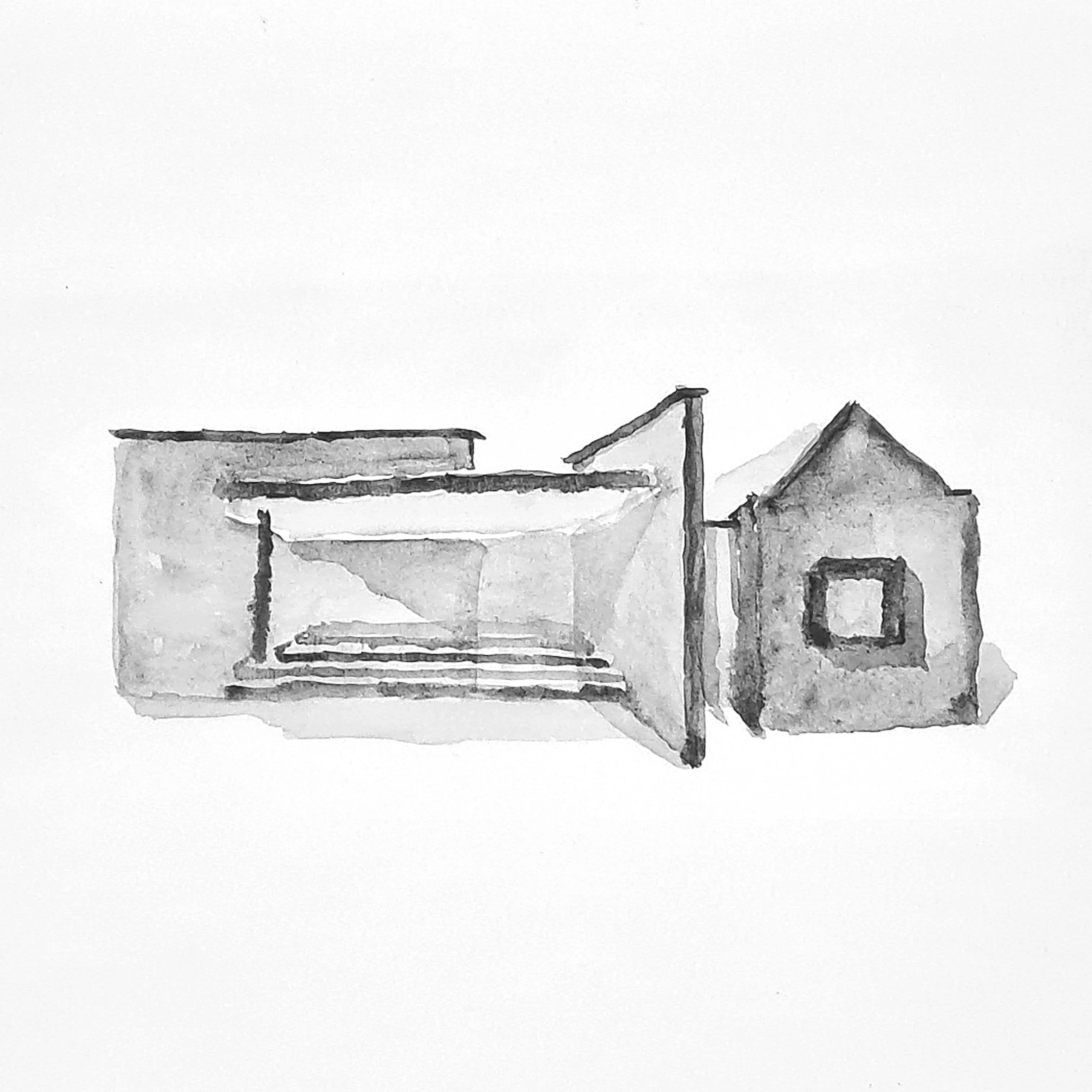 A black and white watercolor painting of a modern building with a staircase and a separate smaller structure with a window.