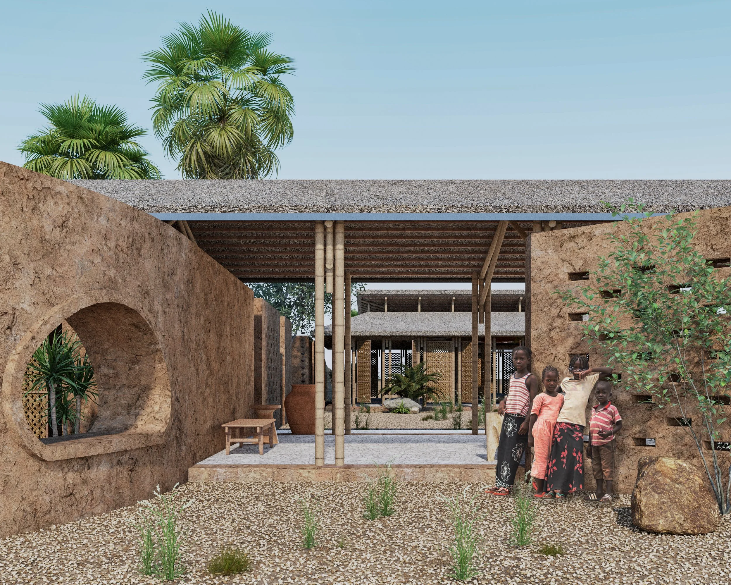 A modern, desert-style courtyard with adobe-style walls, pebbled ground, and tropical plants, with four children standing near a stone boulder and a small tree.