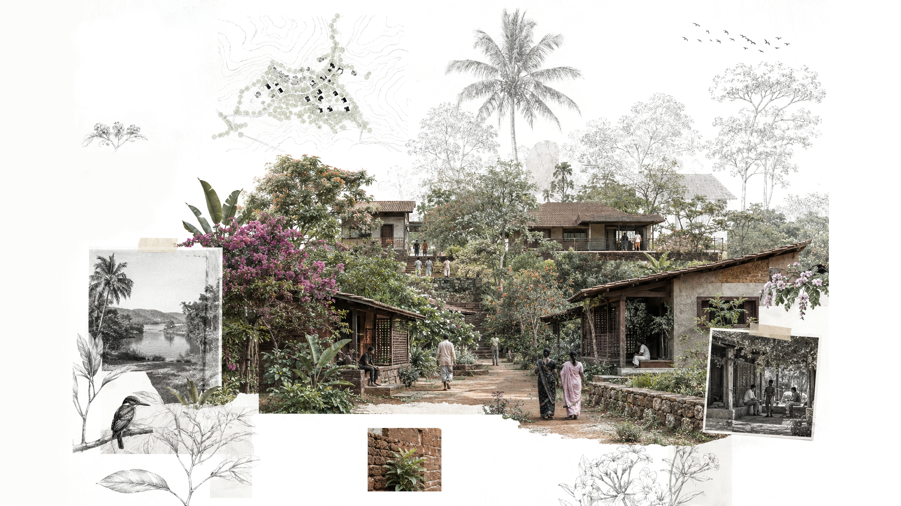 A collage of a rural village scene with traditional houses, lush greenery, blooming flowers, and people walking and sitting, combined with sketches of trees, birds, and architectural plans.