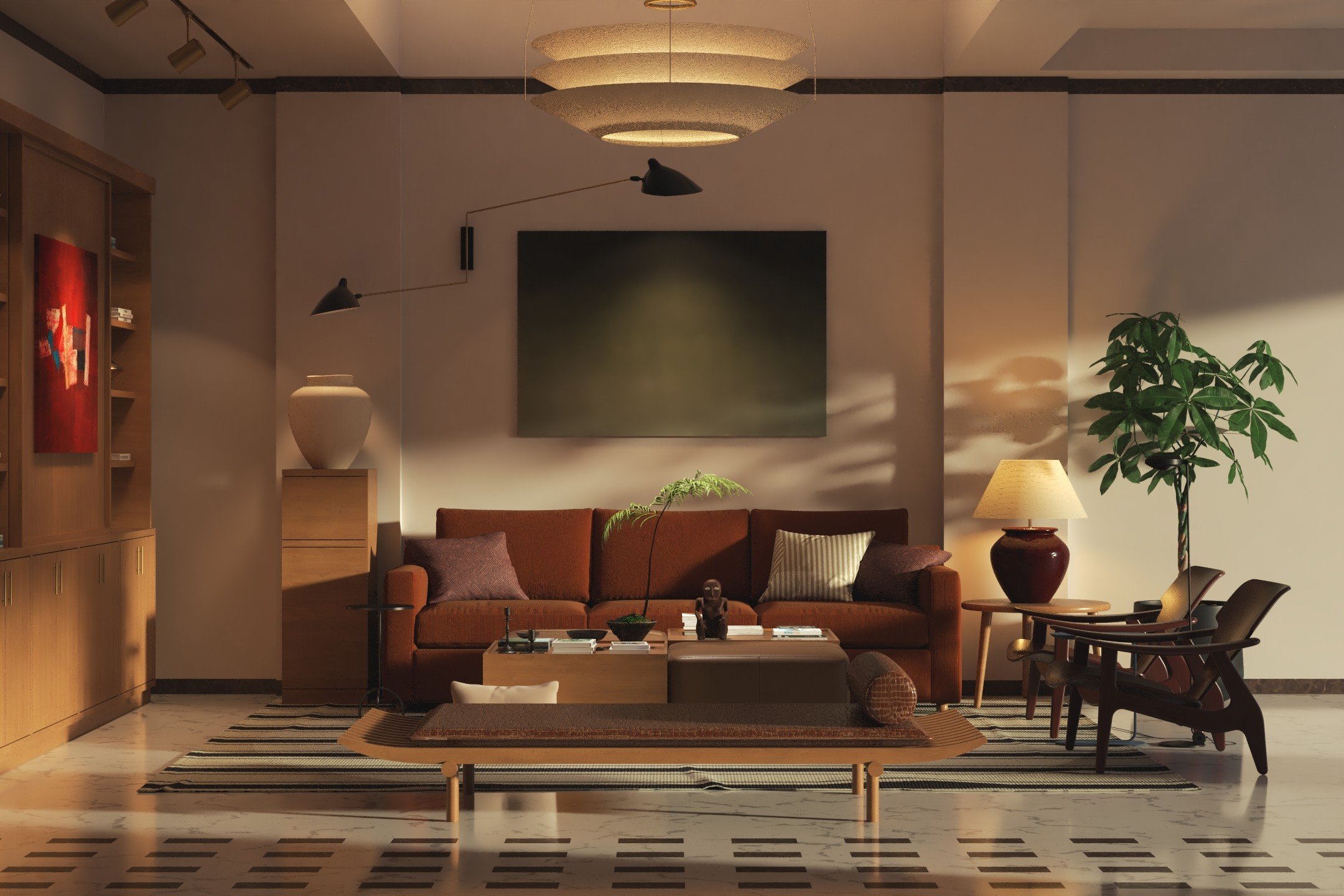 Living room with a brown couch, coffee table, and decorative items, illuminated by a modern ceiling light fixture and a floor lamp to the right, with bookshelves and artwork on the walls, a potted plant, and a striped rug on the floor.