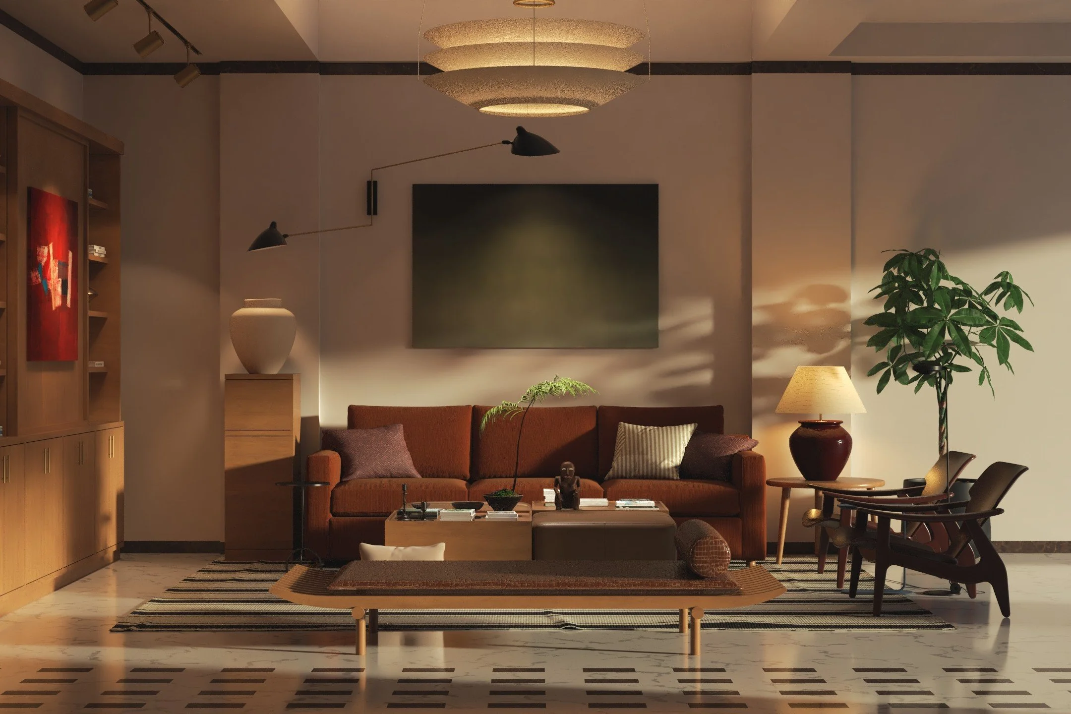 Living room with a brown sofa, a coffee table with books and decorative items, a large wall-mounted artwork, and decor including lamps, plants, and artwork. The room has warm lighting and a patterned rug on a marble floor.