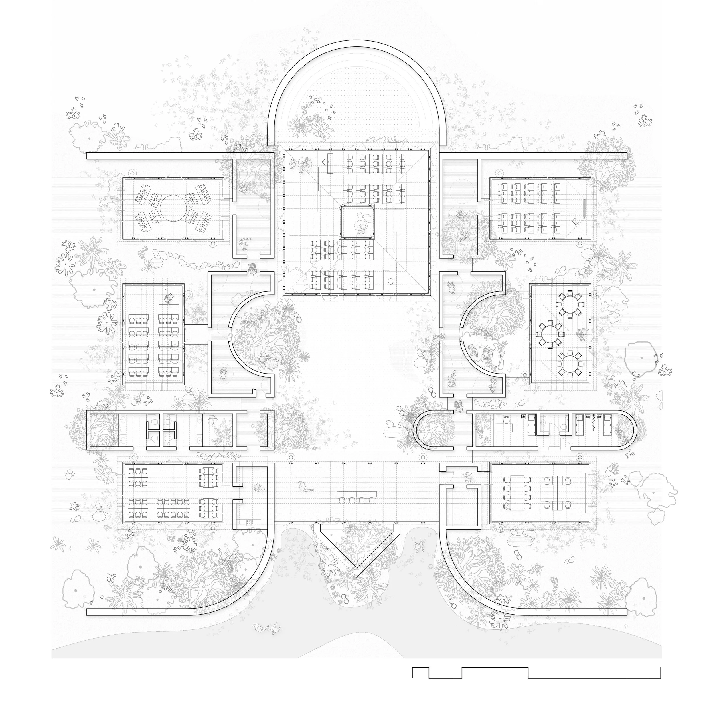 Architectural floor plan of a large building surrounded by greenery, including multiple rooms, garden areas, and outdoor seating arrangements.